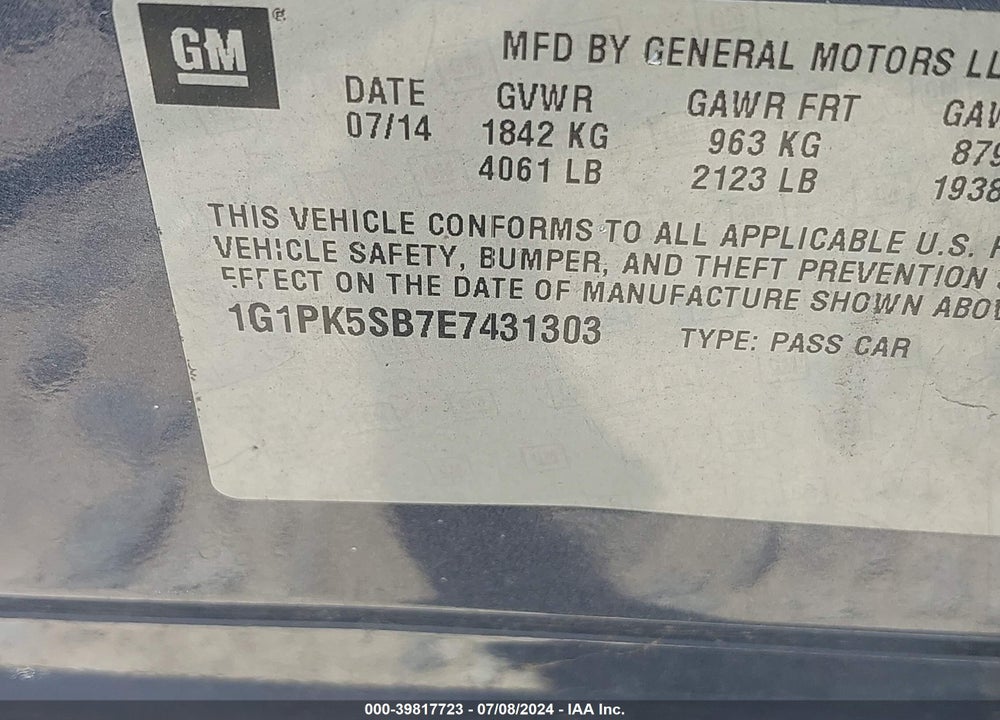2014 CHEVROLET CRUZE LT VIN: 1G1PK5SB7E7431303