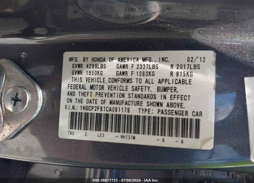 2012 HONDA ACCORD 2.4 SE VIN: 1HGCP2F61CA091179
