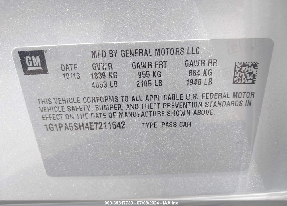 2014 CHEVROLET CRUZE LS AUTO VIN: 1G1PA5SH4E7211642