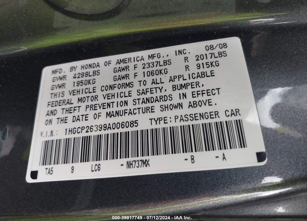 2009 HONDA ACCORD 2.4 LX VIN: 1HGCP26399A006085
