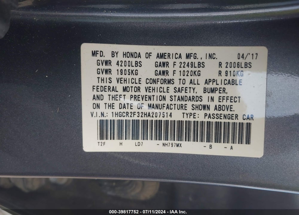 2017 HONDA ACCORD LX VIN: 1HGCR2F32HA207514