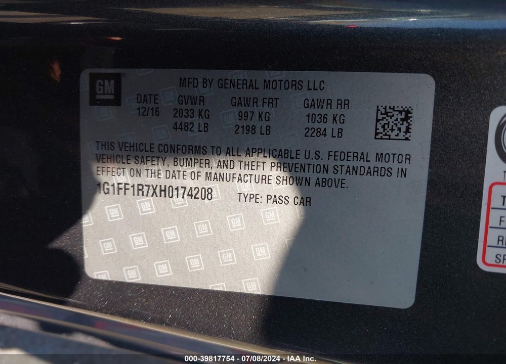 2017 CHEVROLET CAMARO 1SS VIN: 1G1FF1R7XH0174208