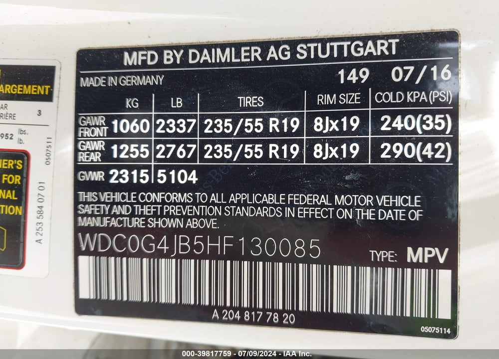 2017 MERCEDES-BENZ GLC 300 VIN: WDC0G4JB5HF130085