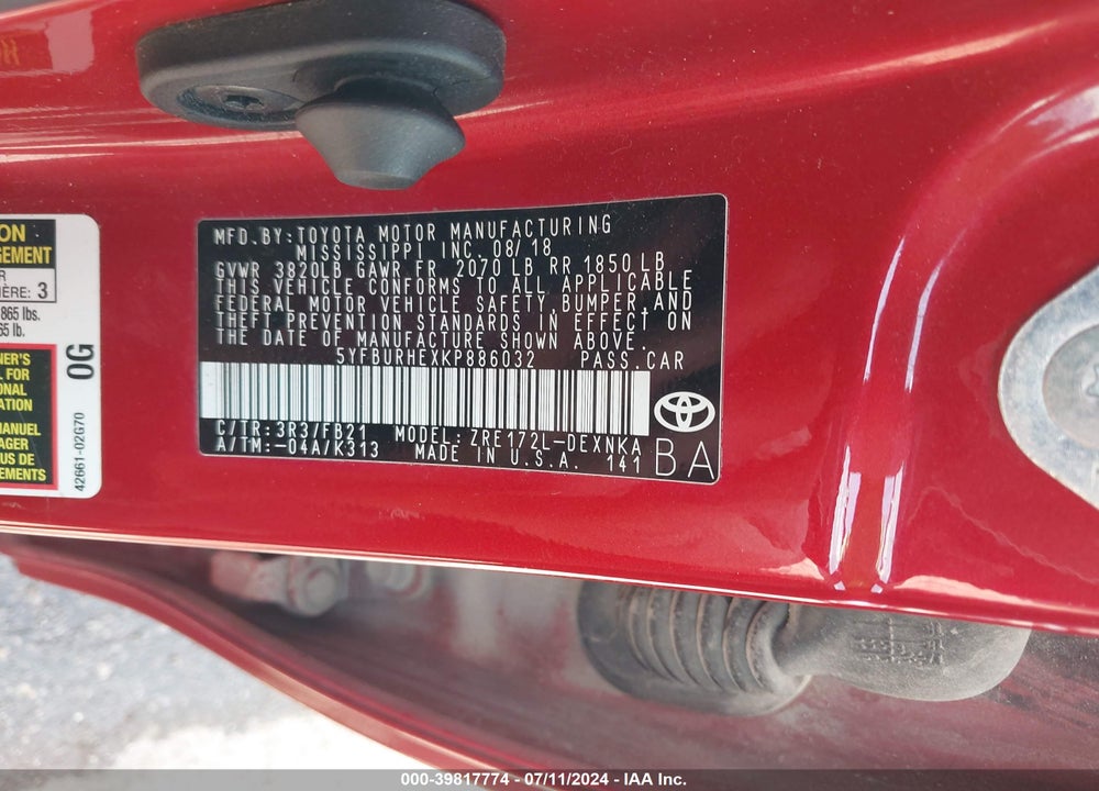 2019 TOYOTA COROLLA VIN: 5YFBURHEXKP886032