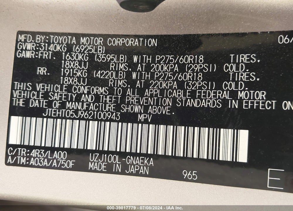 2006 TOYOTA LAND CRUISER V8 VIN: JTEHT05J962100943