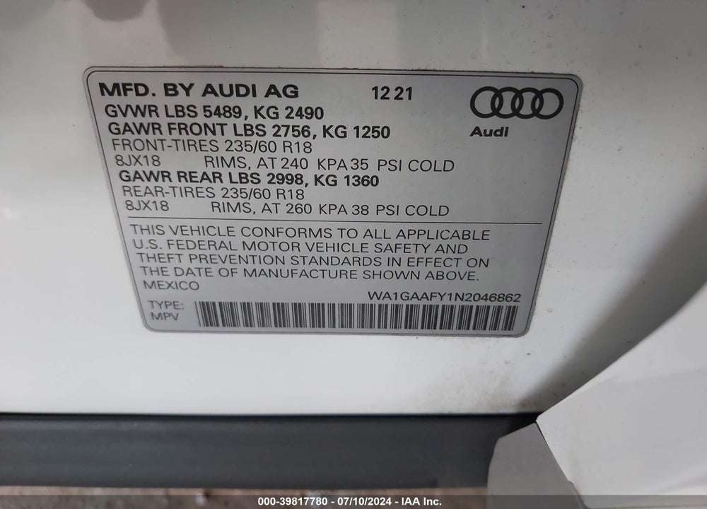2022 AUDI Q5 PREMIUM 45 TFSI S LINE QUATTRO S TRONIC VIN: WA1GAAFY1N2046862