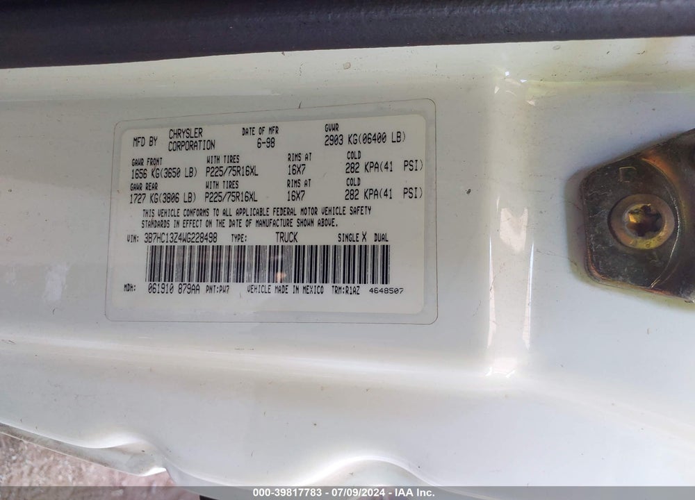 1998 DODGE RAM 1500 ST VIN: 3B7HC13Z4WG228498