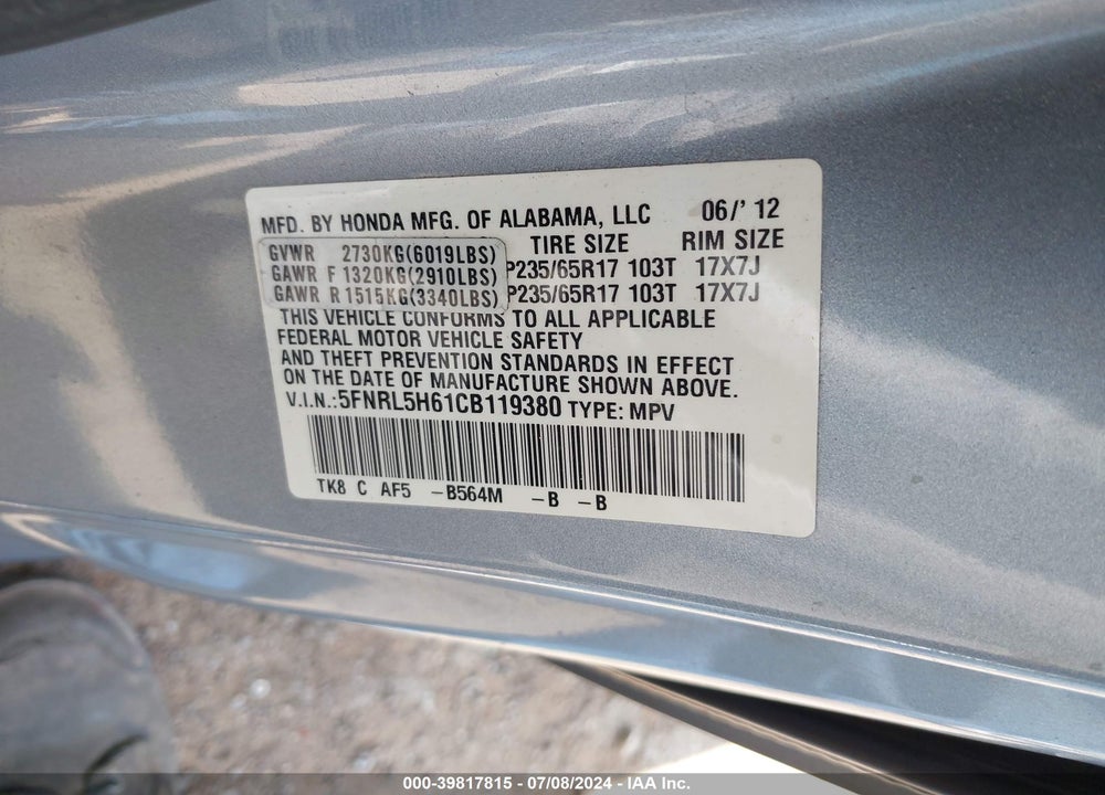 2012 HONDA ODYSSEY EX-L VIN: 5FNRL5H61CB119380