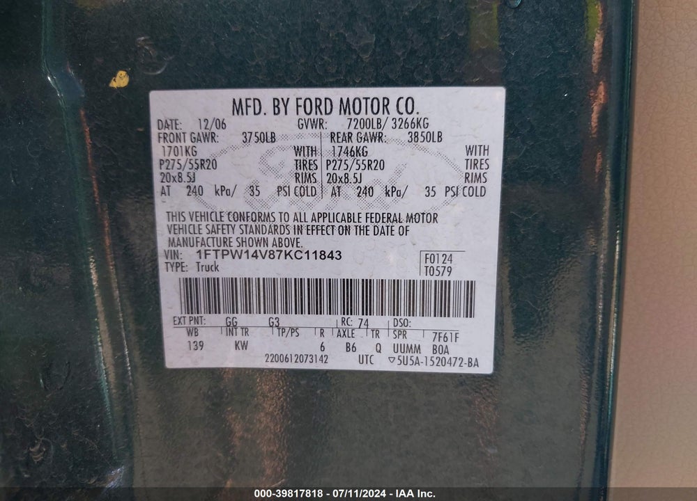 2007 FORD F-150 FX4/LARIAT/XLT VIN: 1FTPW14V87KC11843