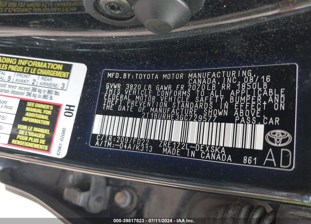 2016 TOYOTA COROLLA S PLUS VIN: 2T1BURHE3GC729577