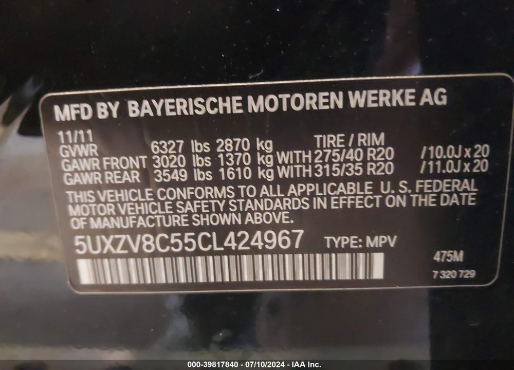 2012 BMW X5 XDRIVE50I VIN: 5UXZV8C55CL424967