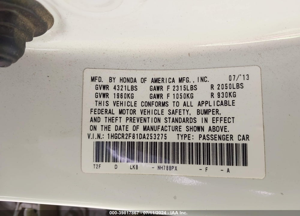 2013 HONDA ACCORD EX-L VIN: 1HGCR2F81DA253275