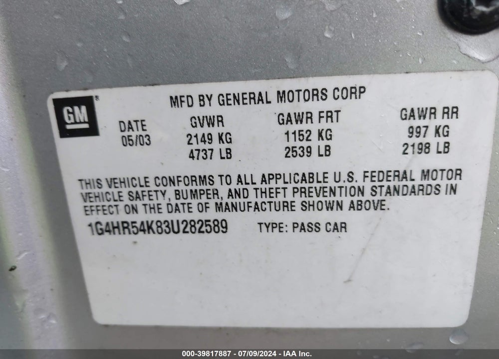 2003 BUICK LESABRE LIMITED VIN: 1G4HR54K83U282589