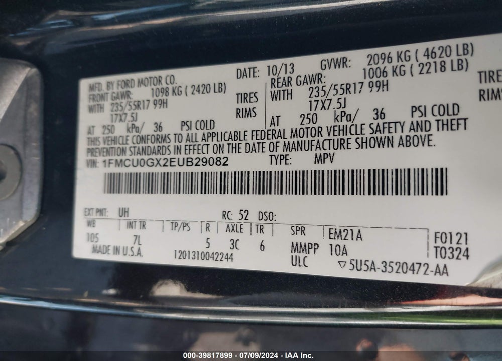 2014 FORD ESCAPE SE VIN: 1FMCU0GX2EUB29082