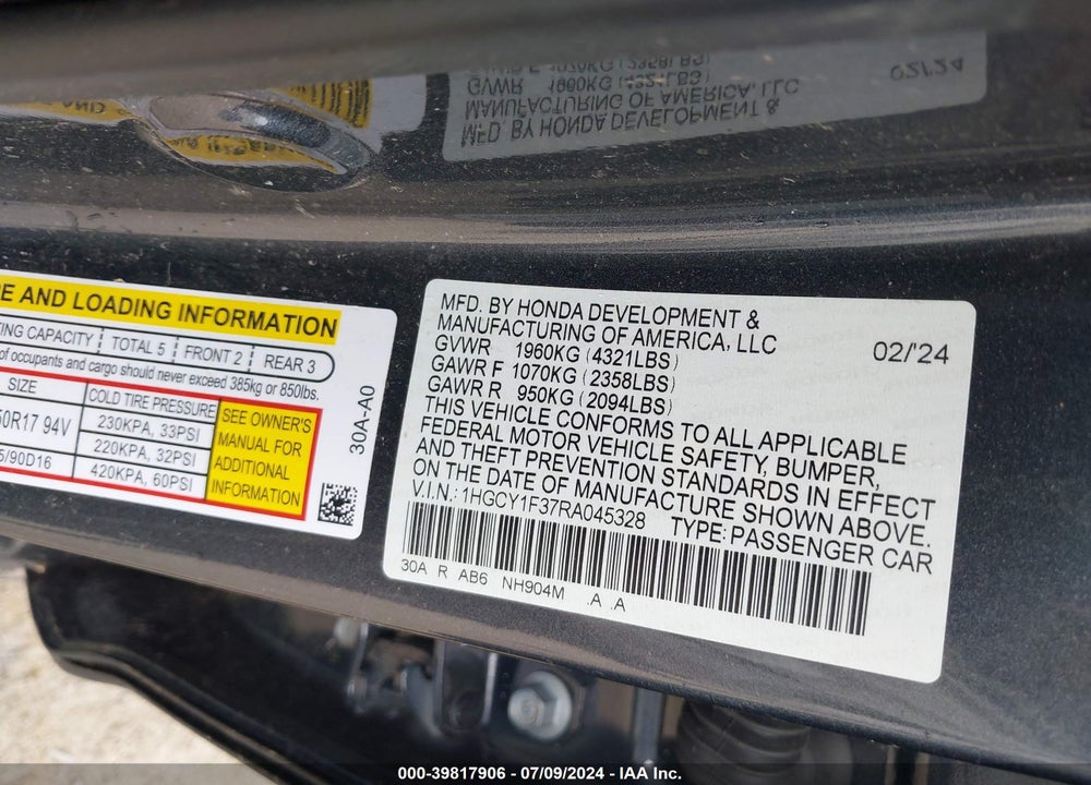 2024 HONDA ACCORD EX VIN: 1HGCY1F37RA045328