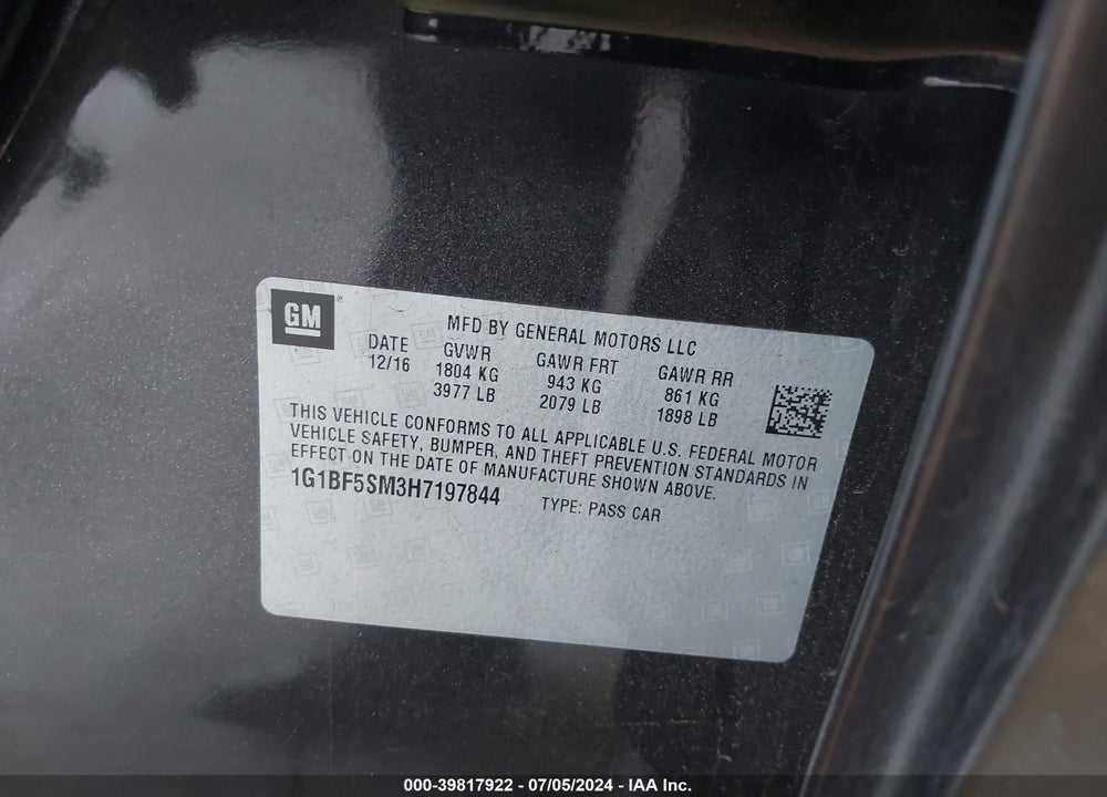 2017 CHEVROLET CRUZE PREMIER AUTO VIN: 1G1BF5SM3H7197844