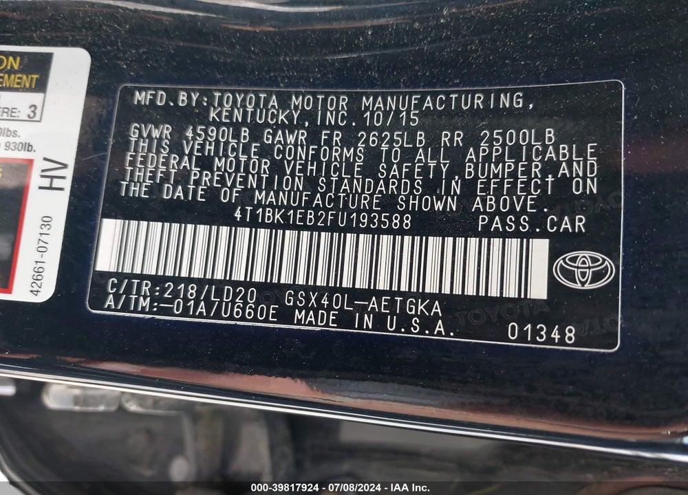 2015 TOYOTA AVALON XLE VIN: 4T1BK1EB2FU193588