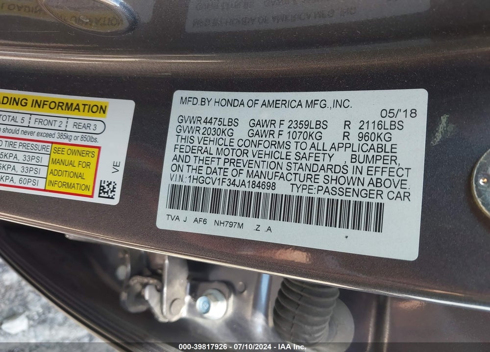 2018 HONDA ACCORD SPORT VIN: 1HGCV1F34JA184698