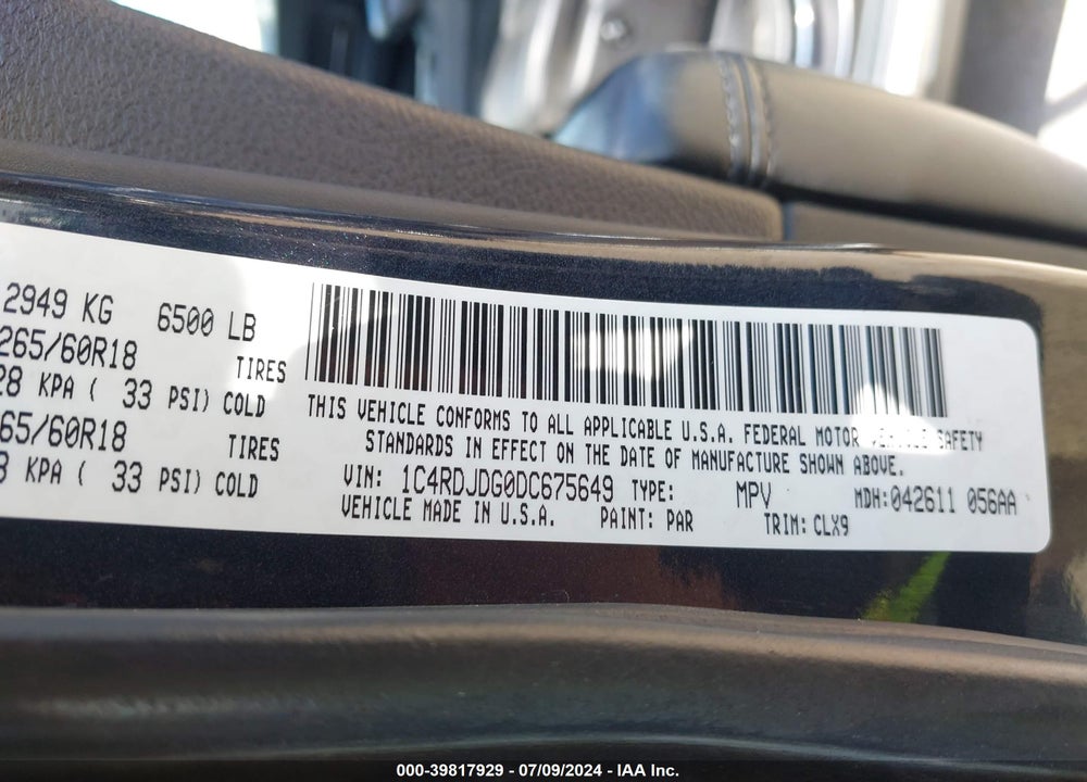2013 DODGE DURANGO CREW VIN: 1C4RDJDG0DC675649