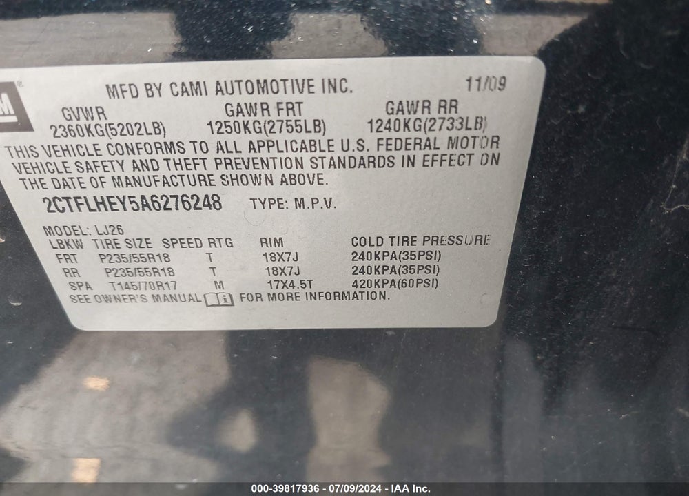 2010 GMC TERRAIN SLT-2 VIN: 2CTFLHEY5A6276248