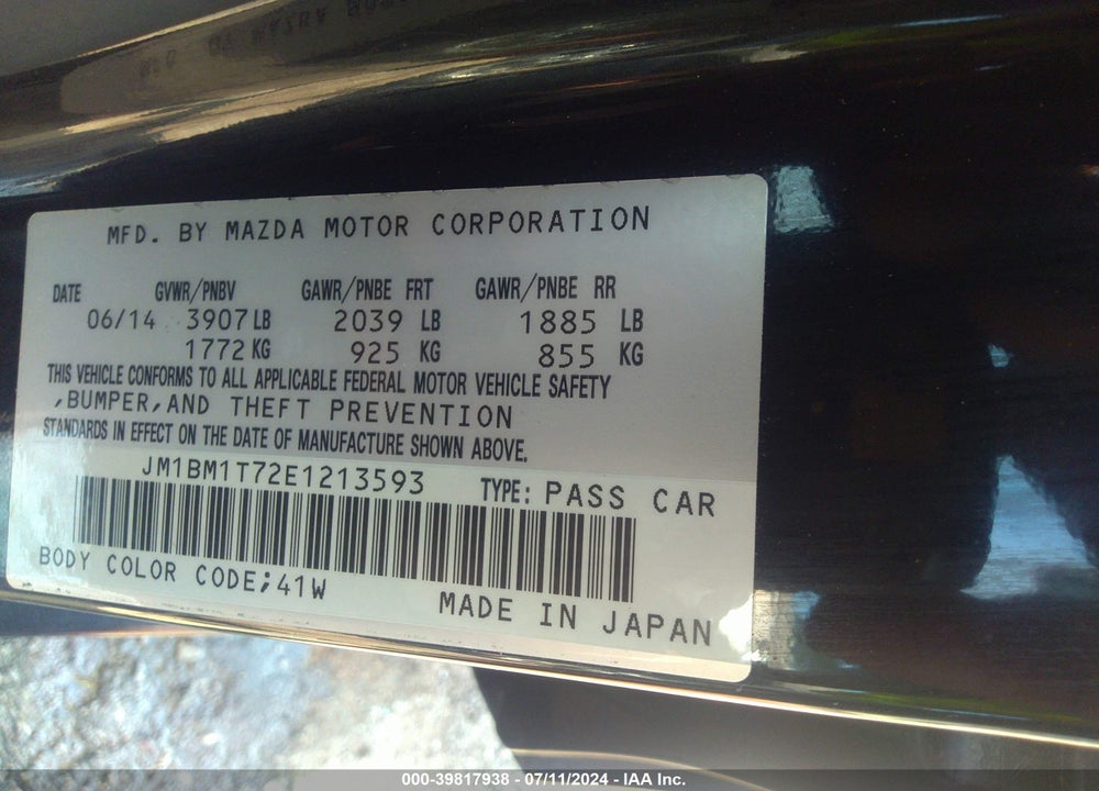 2014 MAZDA 3 I SV VIN: JM1BM1T72E1213593