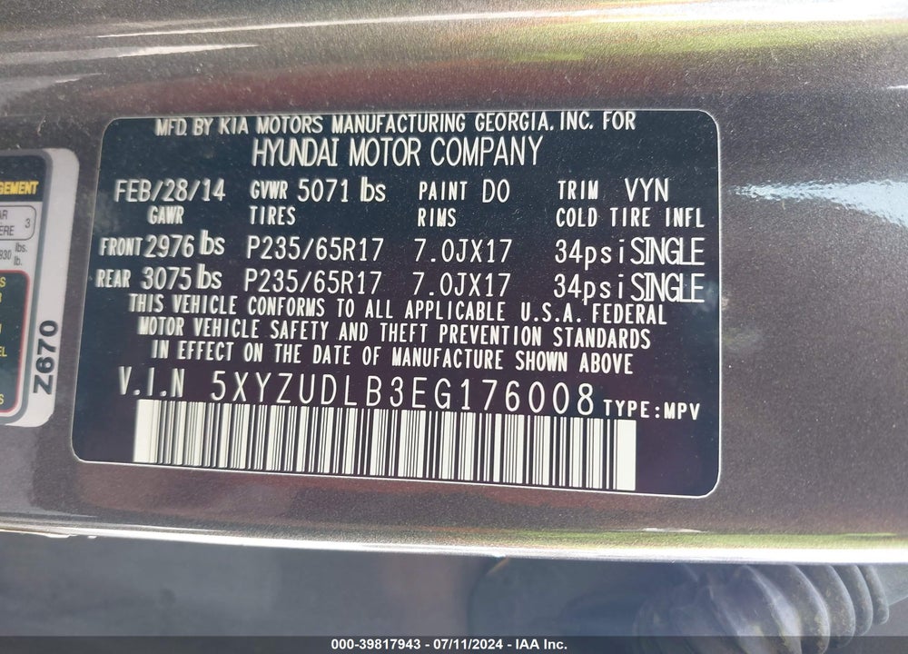 2014 HYUNDAI SANTA FE SPORT 2.4L VIN: 5XYZUDLB3EG176008