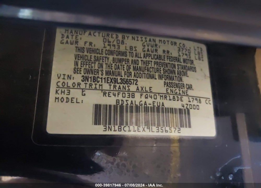 2009 NISSAN VERSA 1.8SL VIN: 3N1BC11EX9L356572