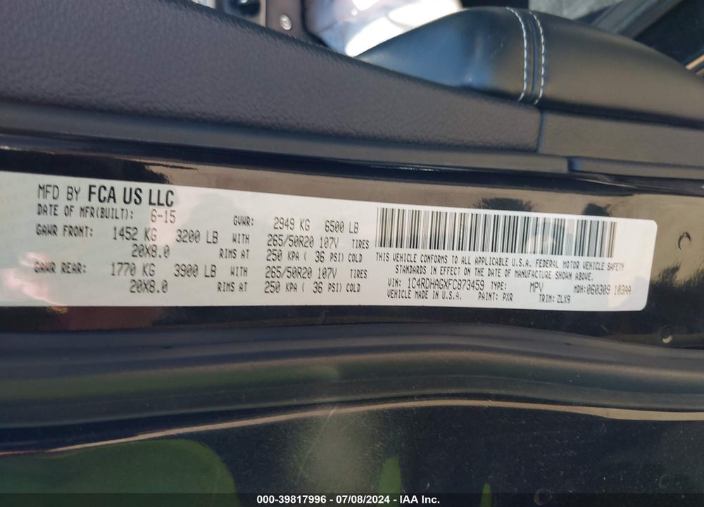 2015 DODGE DURANGO SXT VIN: 1C4RDHAGXFC873459