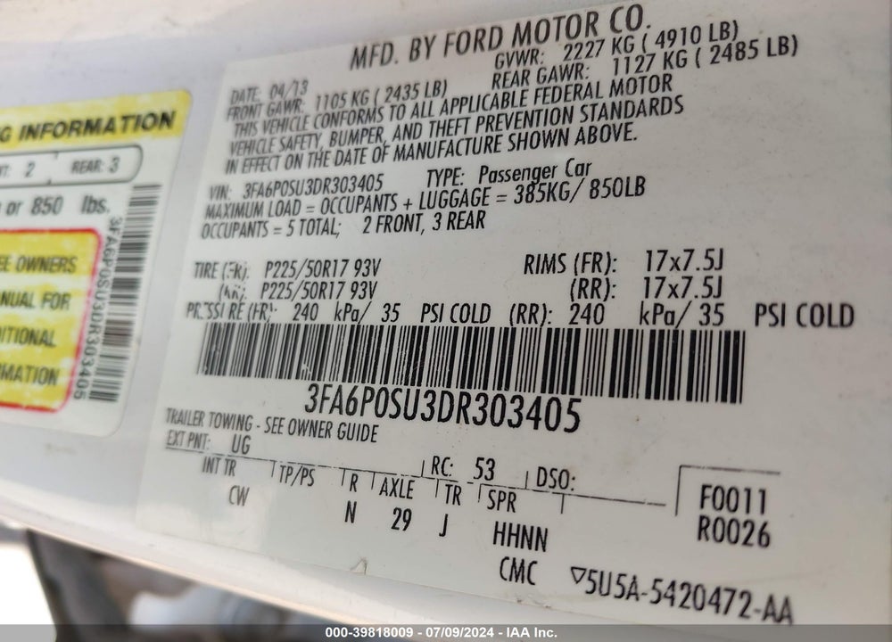 2013 FORD FUSION ENERGI TITANIUM VIN: 3FA6P0SU3DR303405
