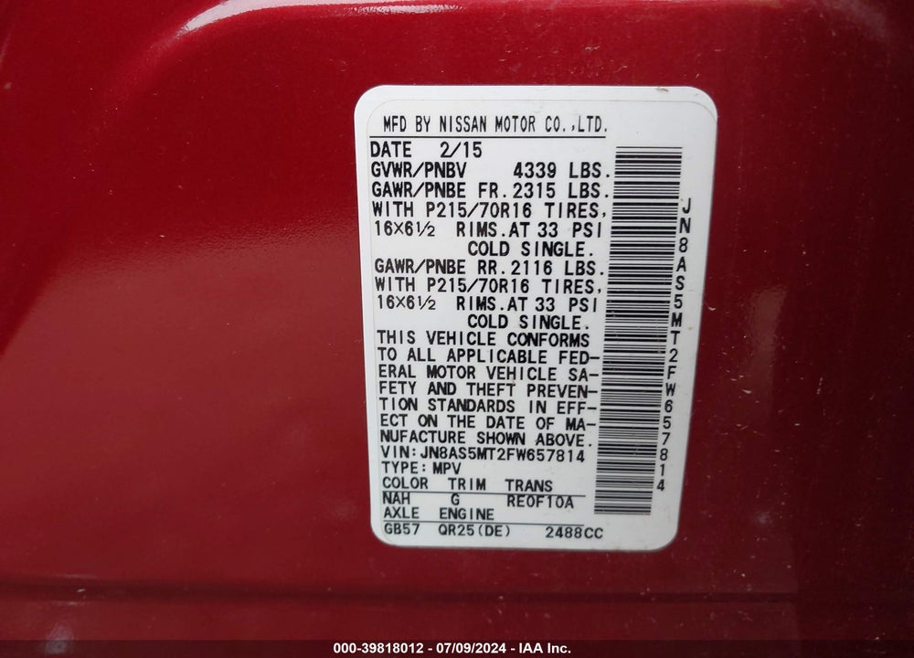 2015 NISSAN ROGUE SELECT S VIN: JN8AS5MT2FW657814