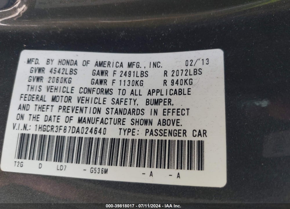 2013 HONDA ACCORD EX-L V-6 VIN: 1HGCR3F87DA024640
