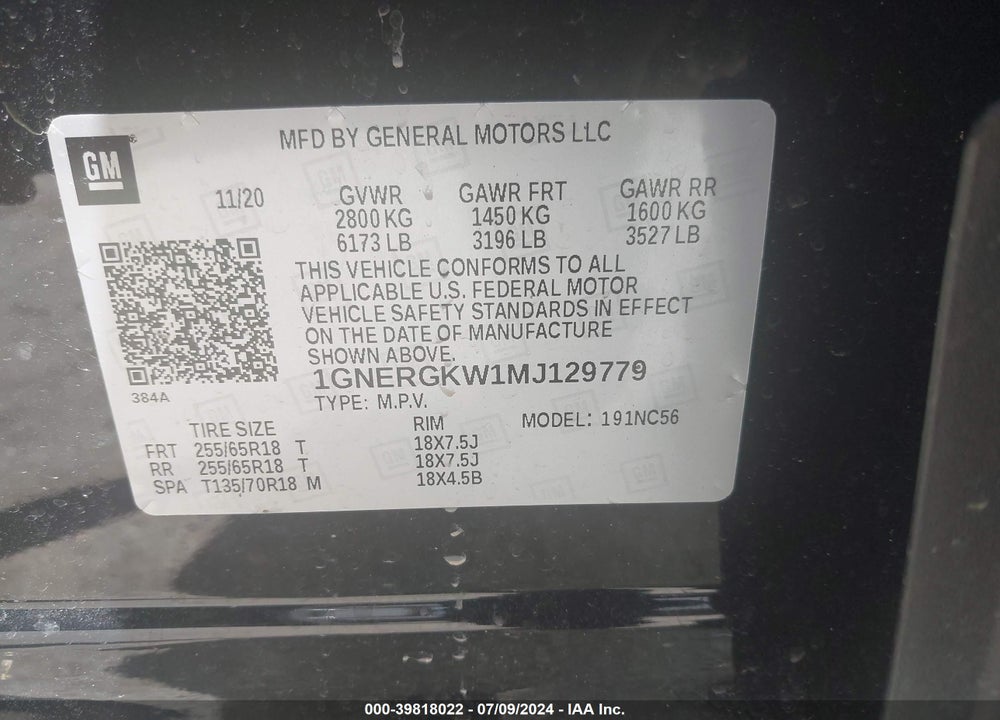 2021 CHEVROLET TRAVERSE FWD LT CLOTH VIN: 1GNERGKW1MJ129779