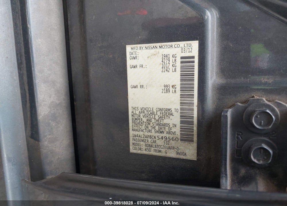 2012 NISSAN ALTIMA 2.5 S VIN: 1N4AL2AP8CN549560