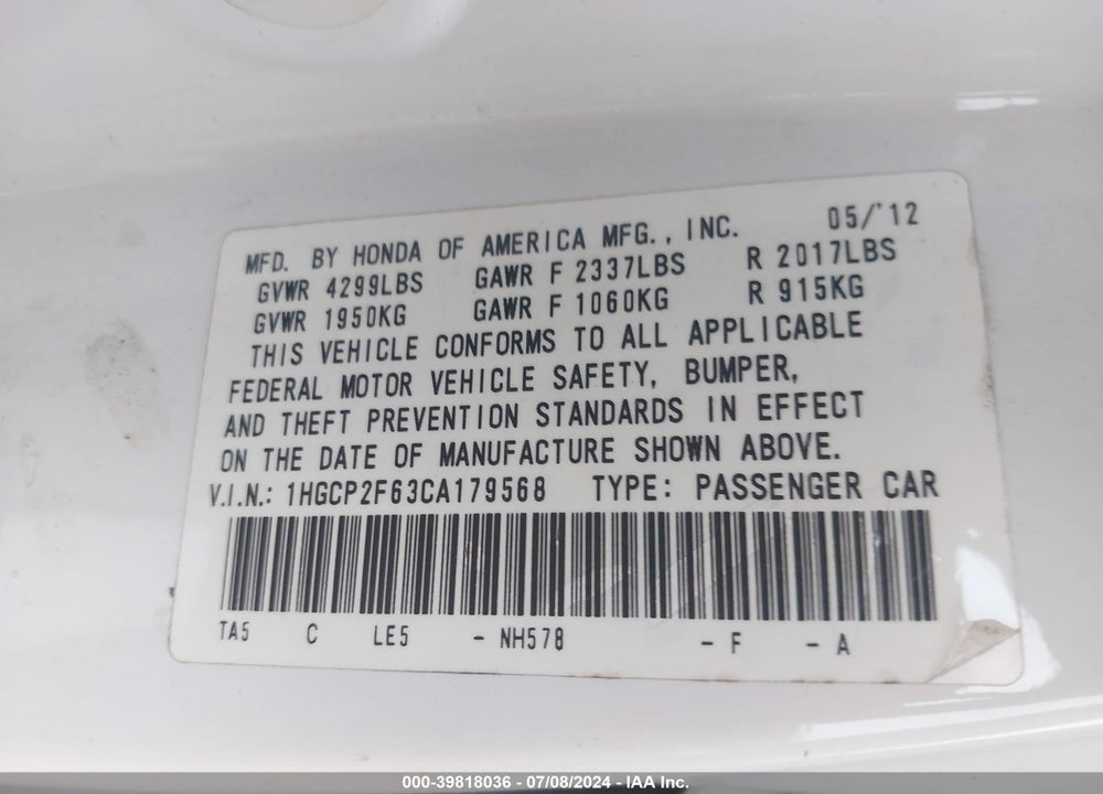 2012 HONDA ACCORD 2.4 SE VIN: 1HGCP2F63CA179568