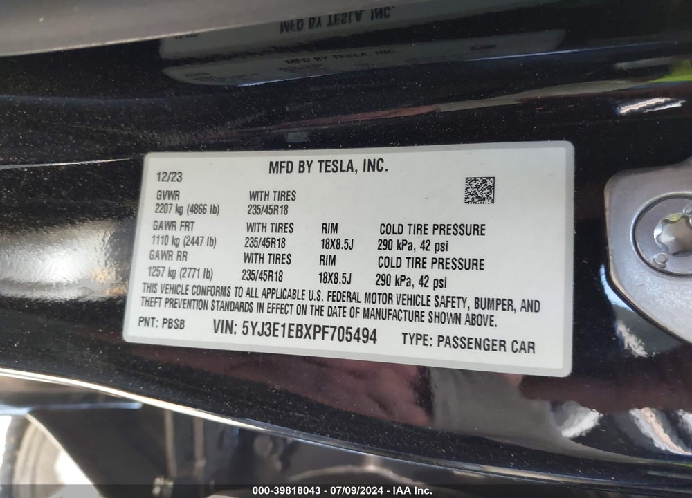 2023 TESLA MODEL 3 LONG RANGE DUAL MOTOR ALL-WHEEL DRIVE VIN: 5YJ3E1EBXPF705494