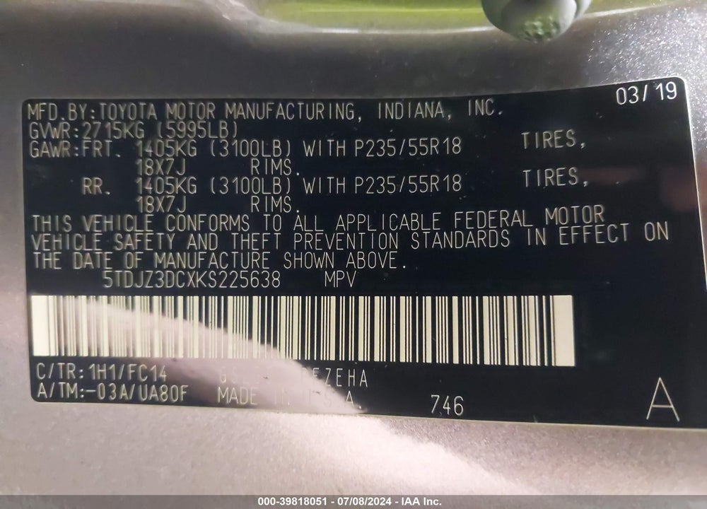 2019 TOYOTA SIENNA LE 7 PASSENGER VIN: 5TDJZ3DCXKS225638