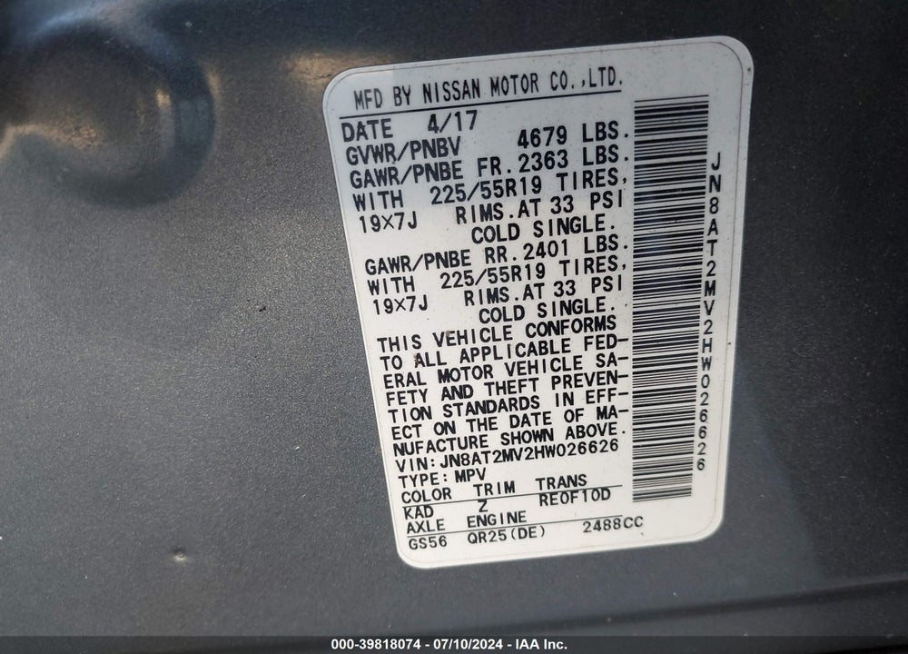 2017 NISSAN ROGUE SL VIN: JN8AT2MV2HW026626