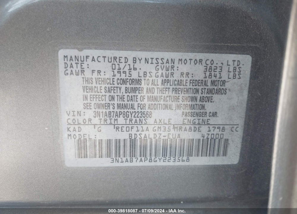 2016 NISSAN SENTRA SV VIN: 3N1AB7AP8GY223568