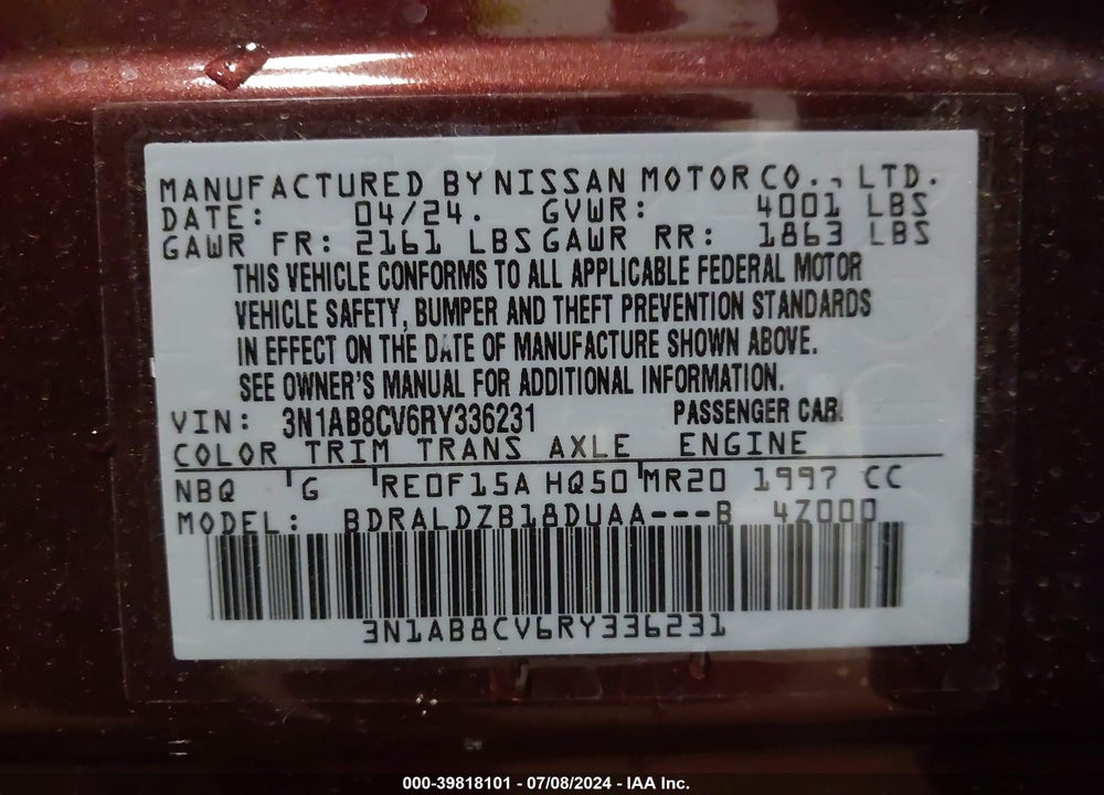 2024 NISSAN SENTRA SV XTRONIC CVT VIN: 3N1AB8CV6RY336231