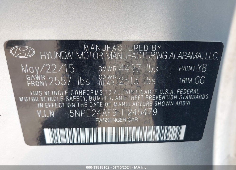 2015 HYUNDAI SONATA SE VIN: 5NPE24AF9FH245479