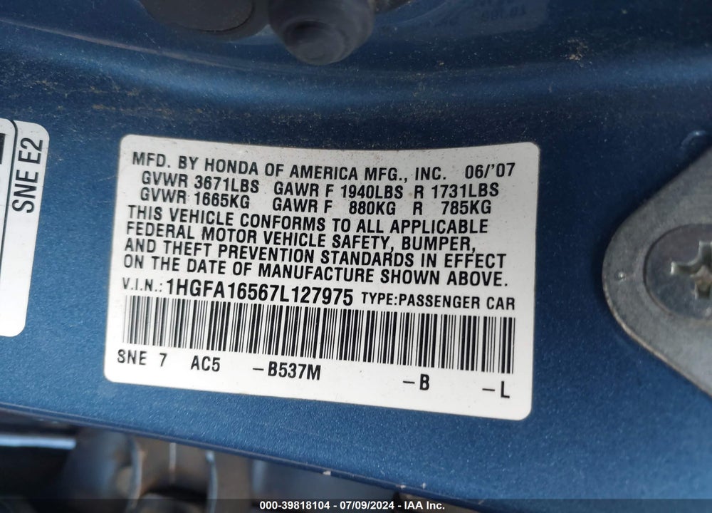 2007 HONDA CIVIC LX VIN: 1HGFA16567L127975