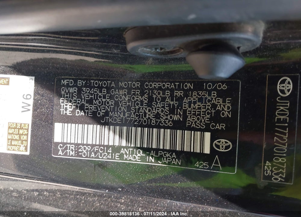 2007 SCION TC VIN: JTKDE177270187336