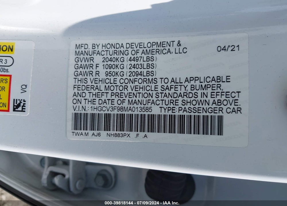 2021 HONDA ACCORD HYBRID TOURING VIN: 1HGCV3F98MA013585