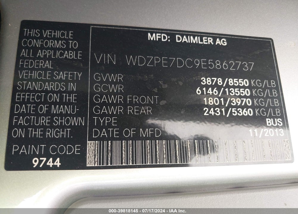 2014 MERCEDES-BENZ SPRINTER 2500 NORMAL ROOF VIN: WDZPE7DC9E5862737