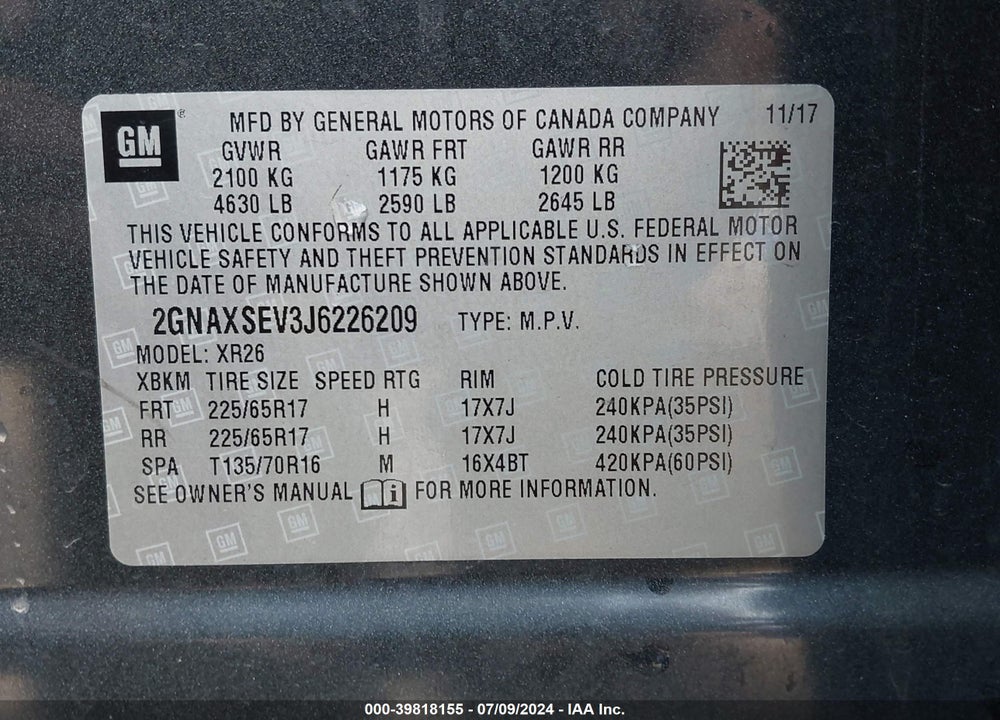 2018 CHEVROLET EQUINOX VIN: 2GNAXSEV3J6226209