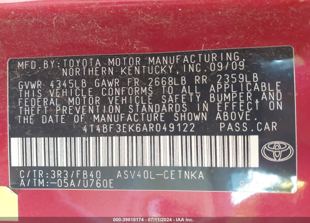 2010 TOYOTA CAMRY LE VIN: 4T4BF3EK6AR049122
