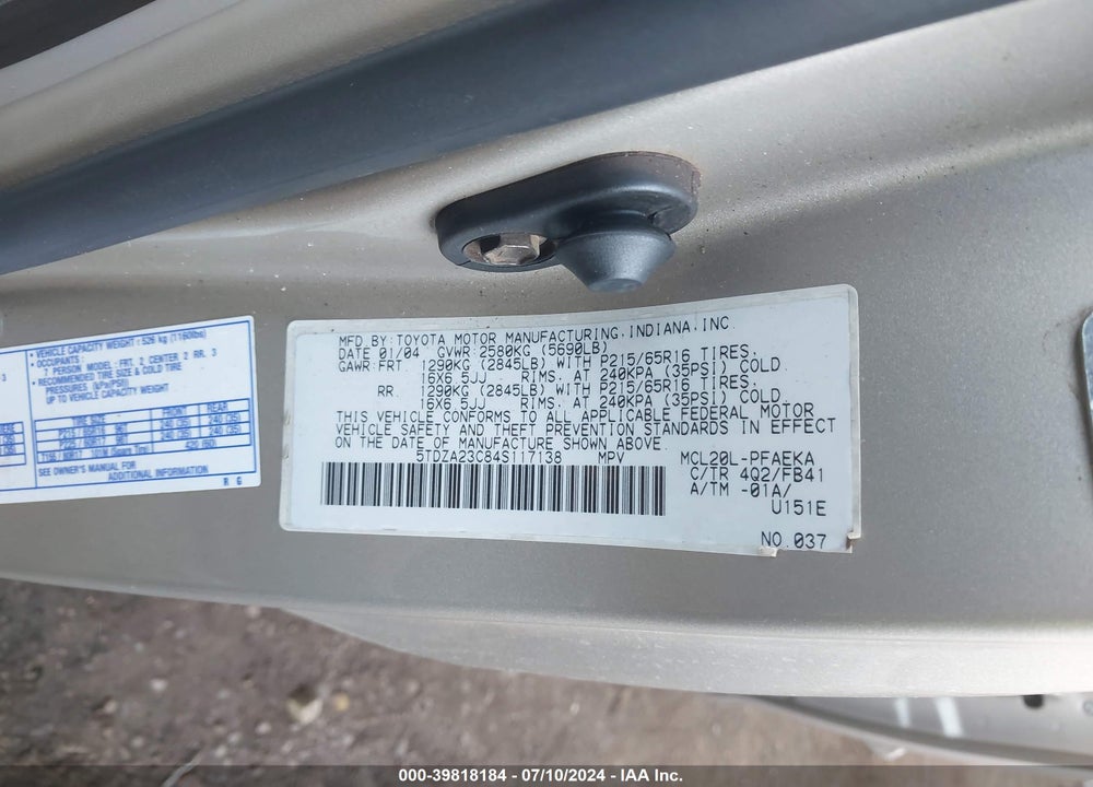 2004 TOYOTA SIENNA LE VIN: 5TDZA23C84S117138