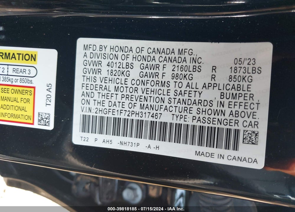 2023 HONDA CIVIC EX /EX W/O BSI VIN: 2HGFE1F72PH317467