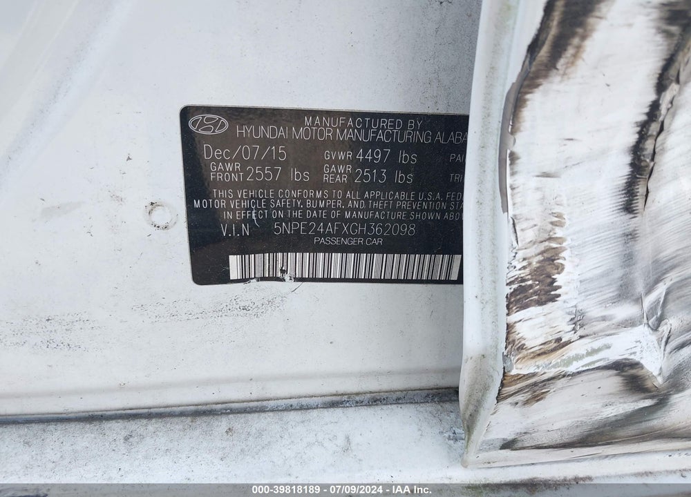 2016 HYUNDAI SONATA SE VIN: 5NPE24AFXGH362098