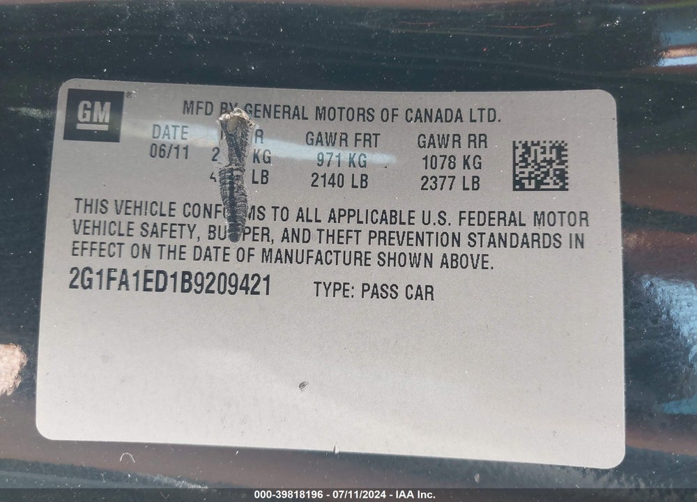 2011 CHEVROLET CAMARO 2LS VIN: 2G1FA1ED1B9209421
